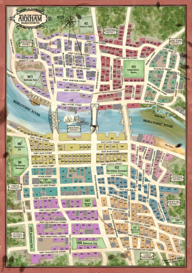 Illustrated Arkham street map with districts and numbered locations